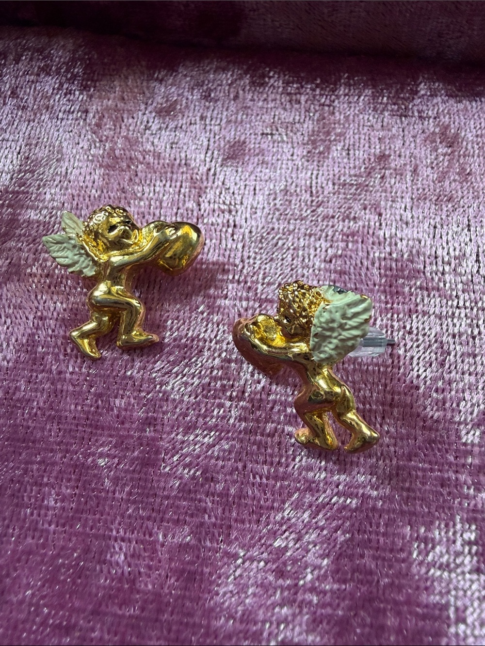 Gold Cherub Heart Earrings - White Wing Accent